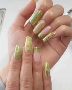 wedding nails for bridal party can match colours of outfits, like these decorative moss green nail art designs